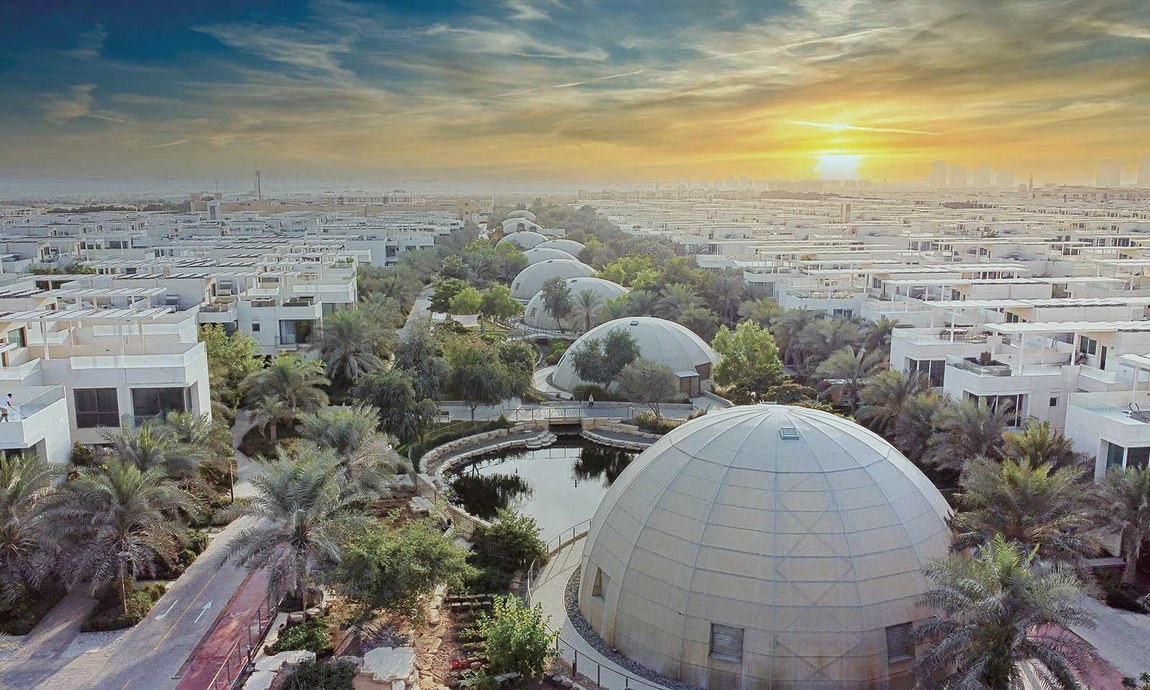 The Sustainable City biodomes at sunset