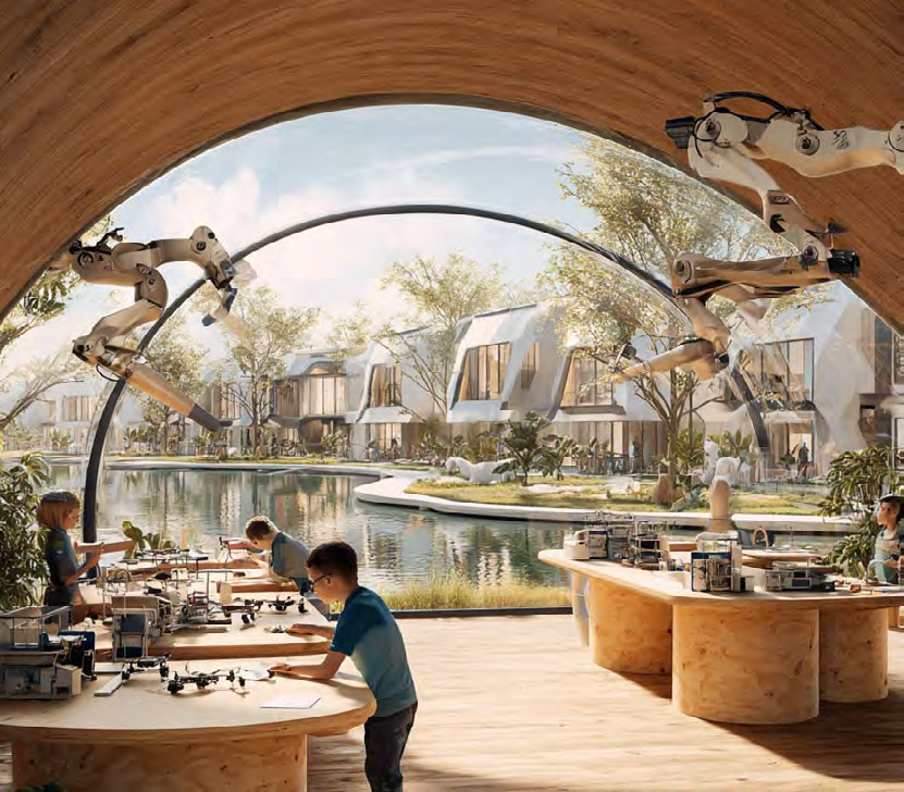 Young people building robots in a maker space in The Sustainable City