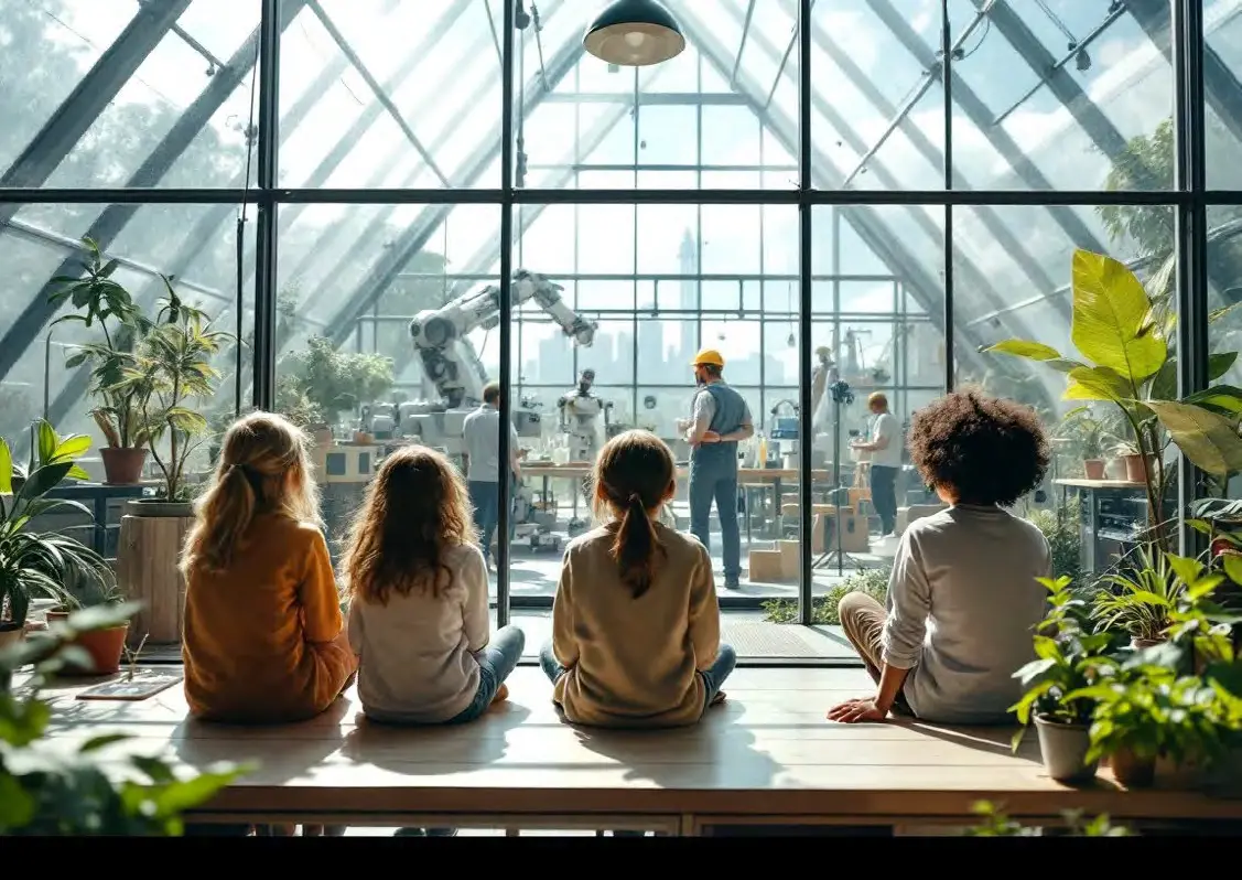 Children watching a robotics workshop inside a greenhouse