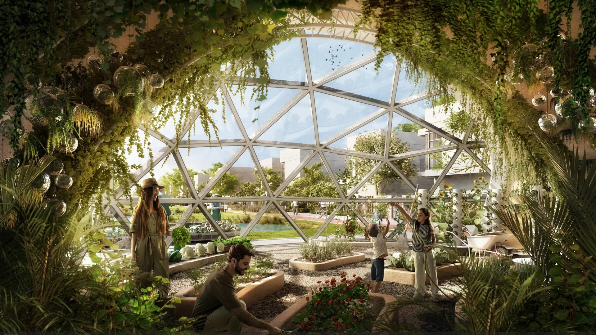 Inside a biodome looking out over a future Sustainable City