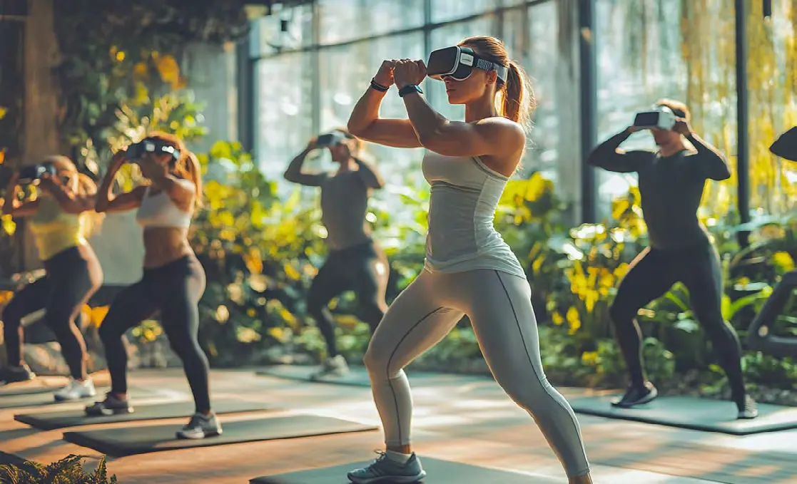 A fitness class using mixed-reality headsets