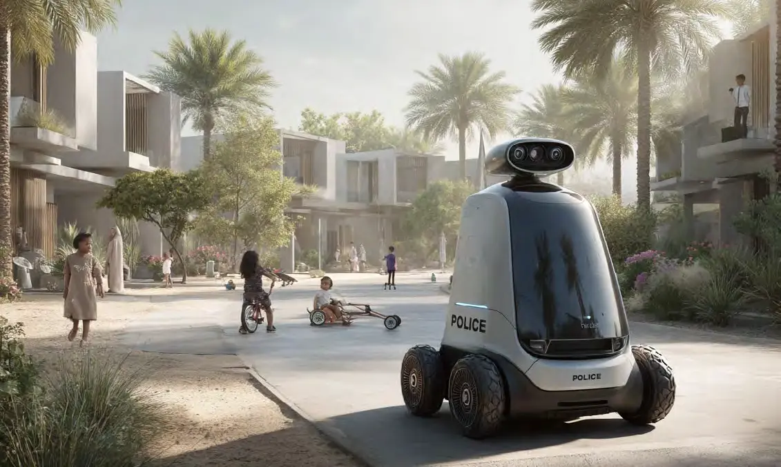 A patrol robot on a quiet street while children play