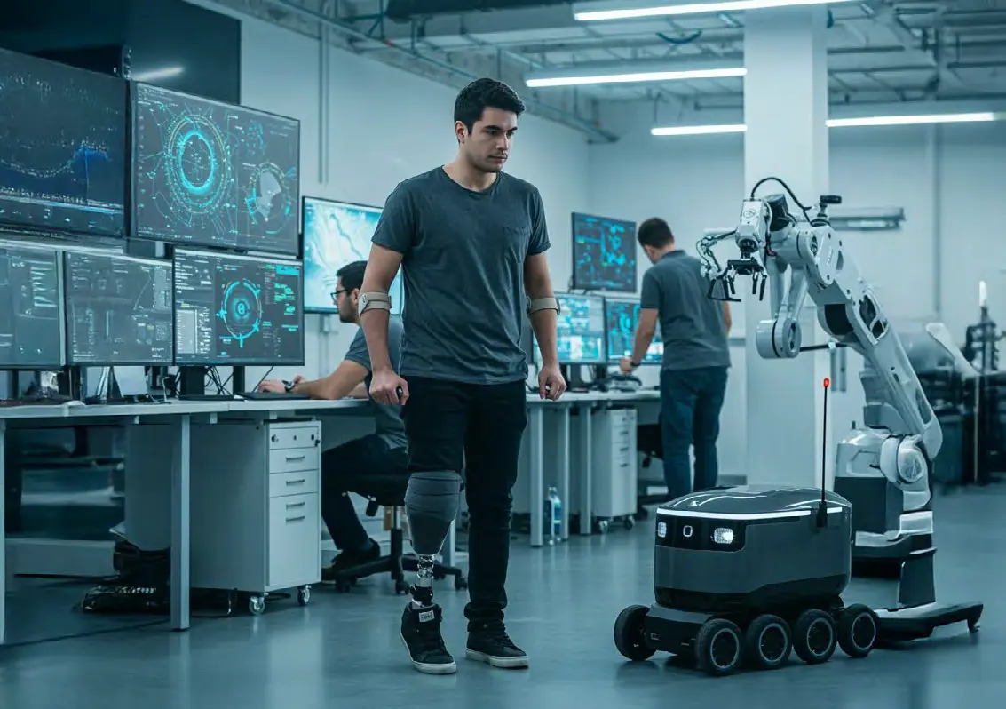 A robotics lab where a prosthetic limb is being tested